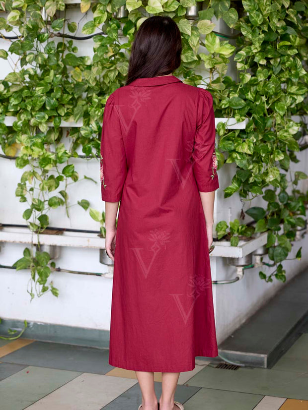 Wine Embroidered Cotton Dress