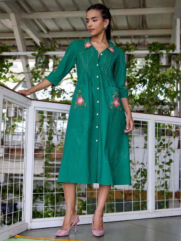 Green Embroidered Cotton Dress