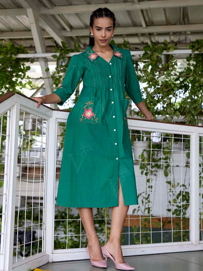 Green Embroidered Cotton Dress