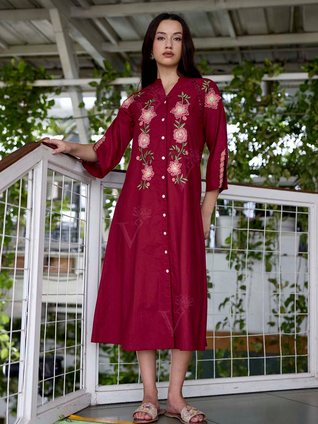 Wine Embroidered Cotton Dress