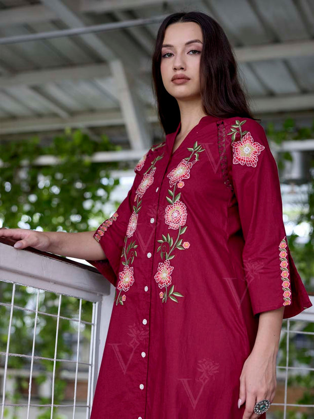 Wine Embroidered Cotton Dress