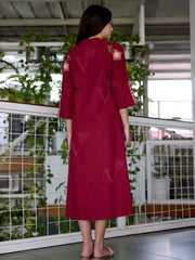 Wine Embroidered Cotton Dress