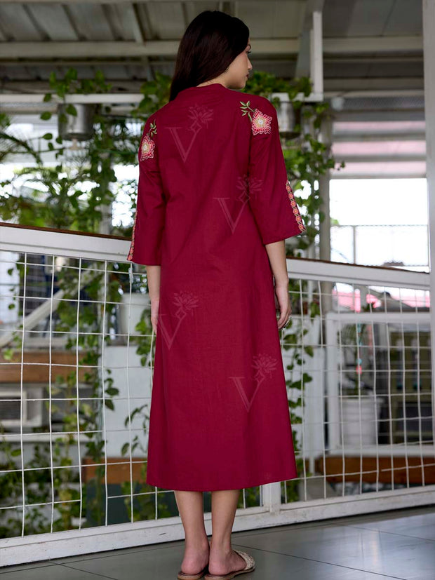 Wine Embroidered Cotton Dress