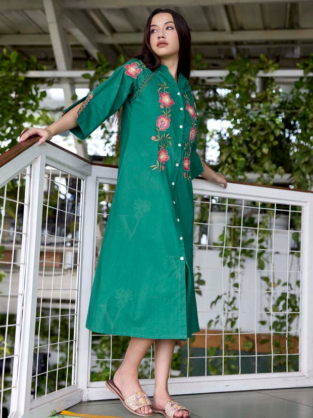 Green Embroidered Cotton Dress