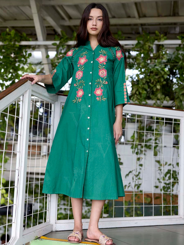 Green Embroidered Cotton Dress