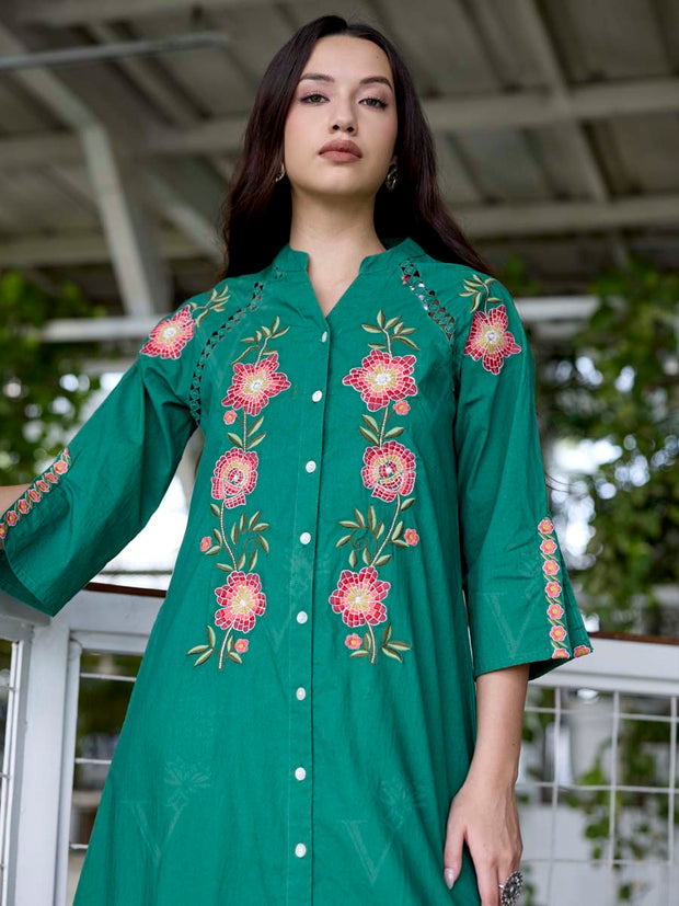Green Embroidered Cotton Dress