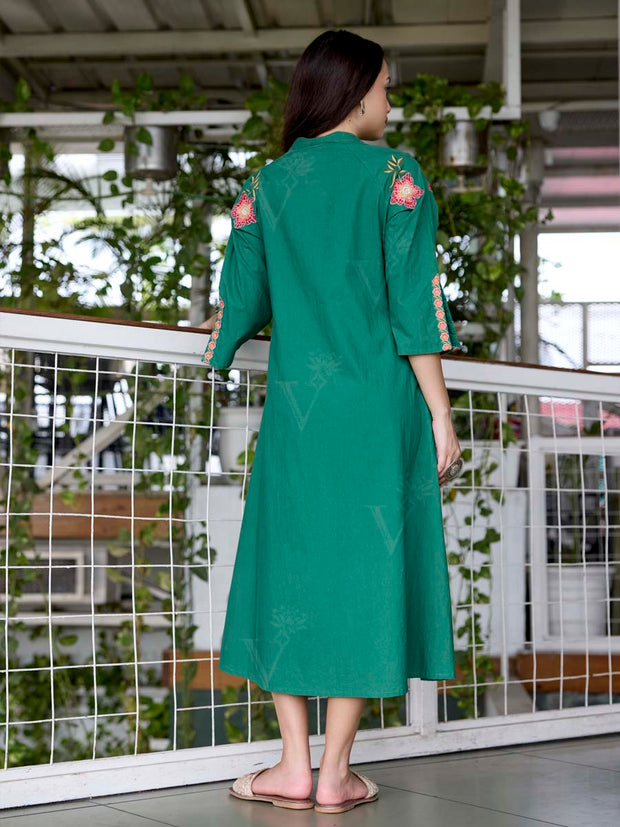 Green Embroidered Cotton Dress