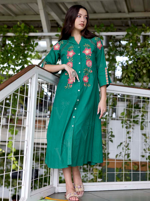 Green Embroidered Cotton Dress