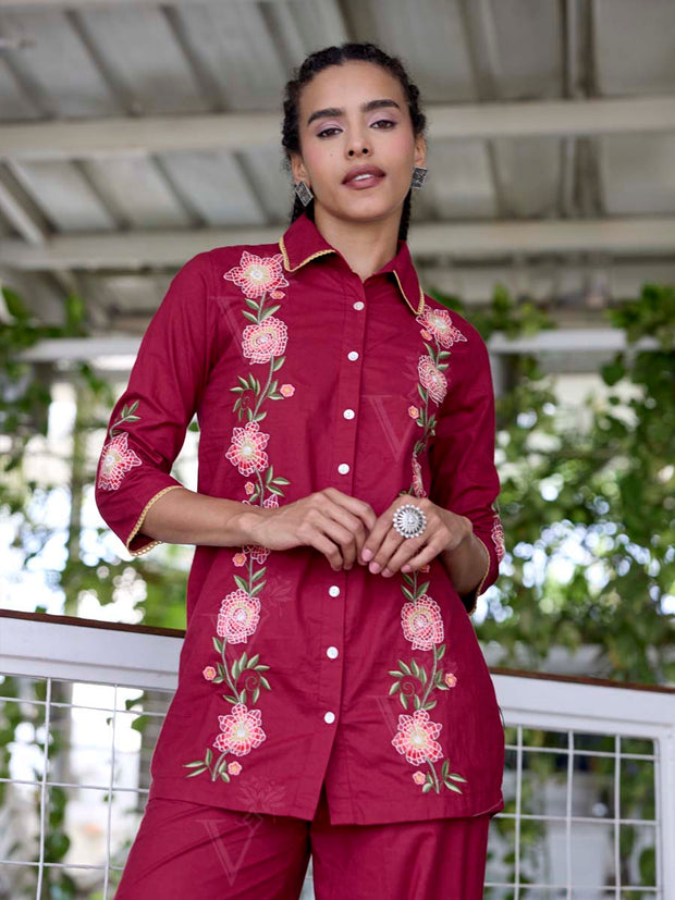 Wine Embroidered Cotton Co-Ord Set