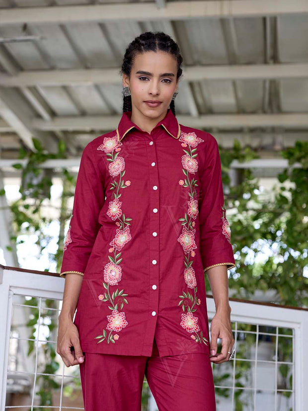 Wine Embroidered Cotton Co-Ord Set