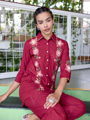 Wine Embroidered Cotton Co-Ord Set