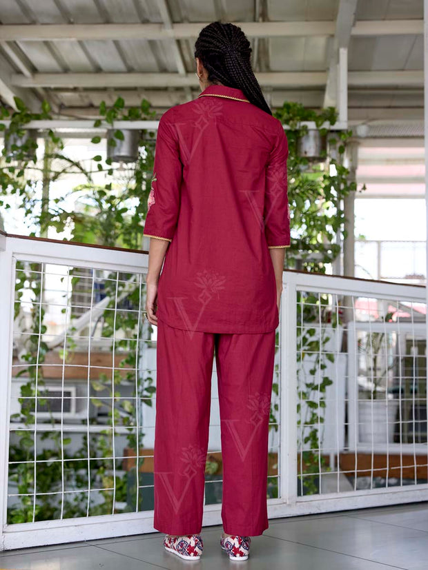 Wine Embroidered Cotton Co-Ord Set