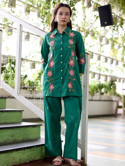 Green Embroidered Cotton Co-Ord Set