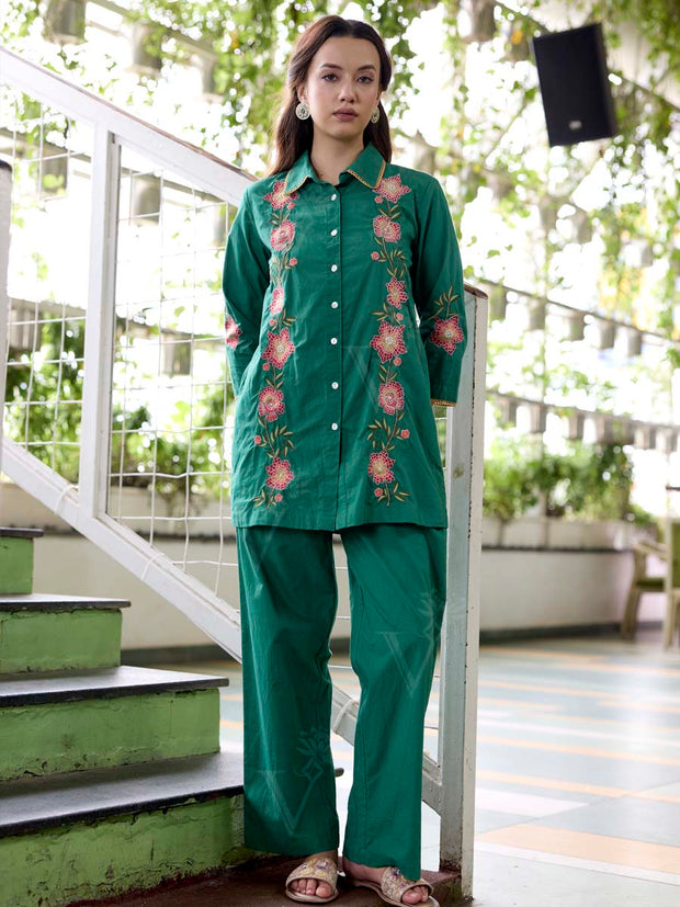 Green Embroidered Cotton Co-Ord Set