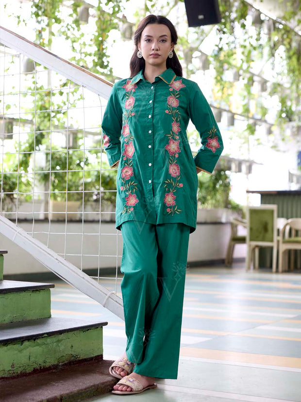Green Embroidered Cotton Co-Ord Set