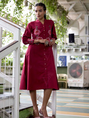 Wine Embroidered Cotton Dress