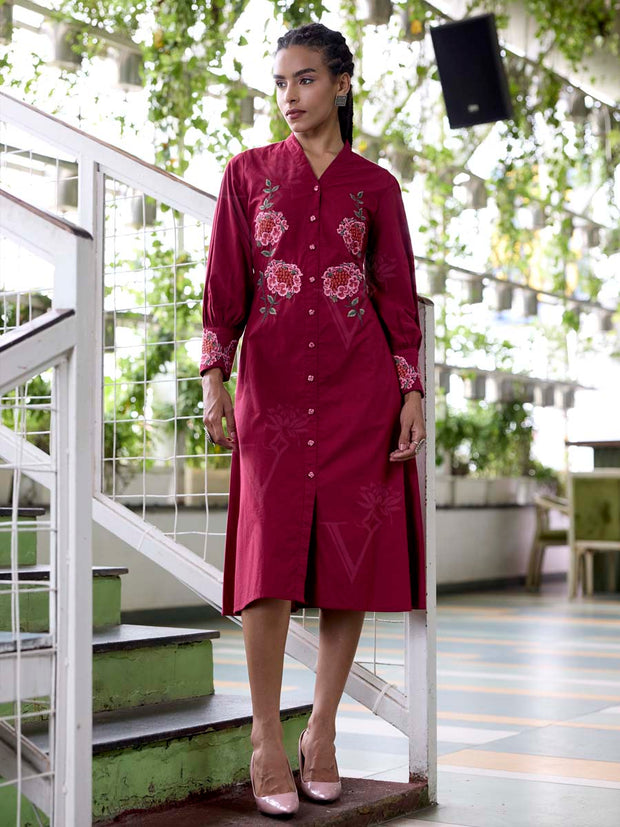 Wine Embroidered Cotton Dress