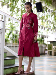Wine Embroidered Cotton Dress