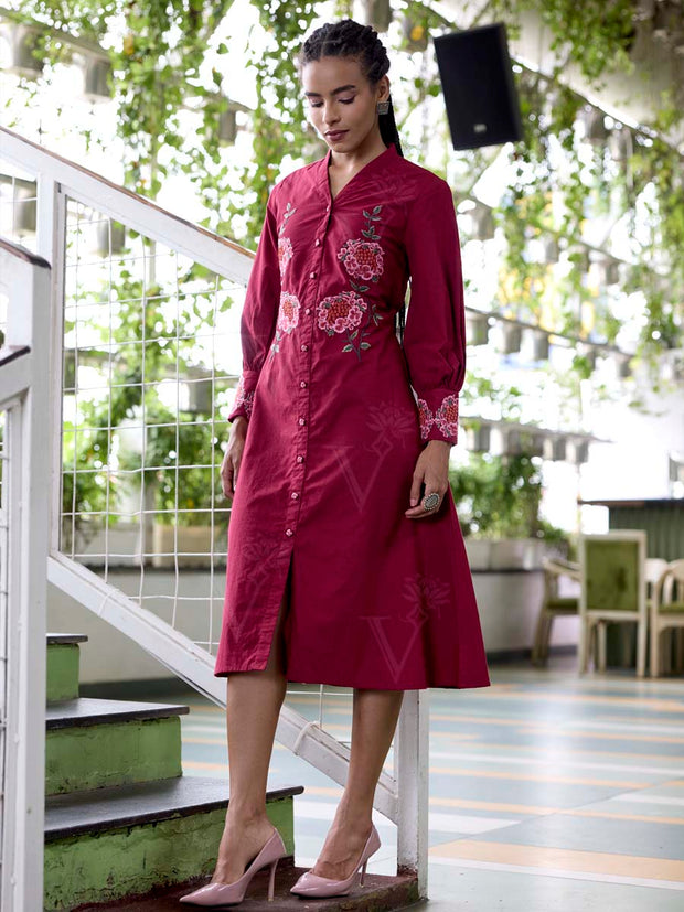 Wine Embroidered Cotton Dress