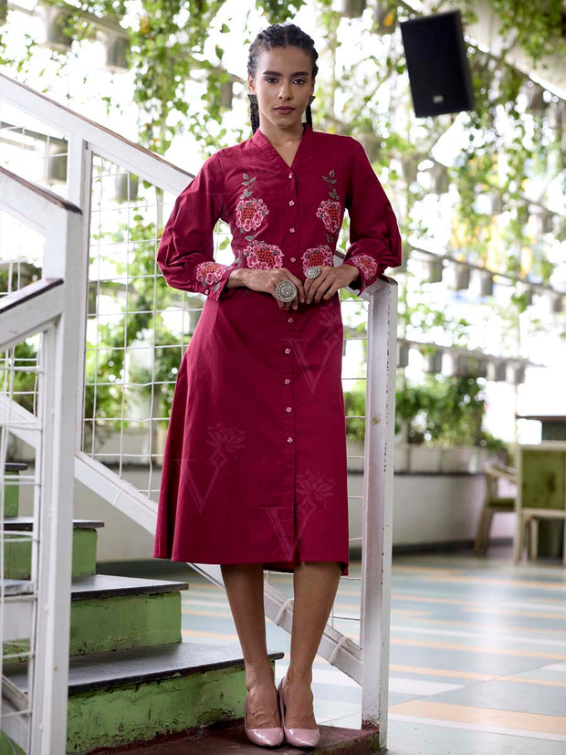 Wine Embroidered Cotton Dress
