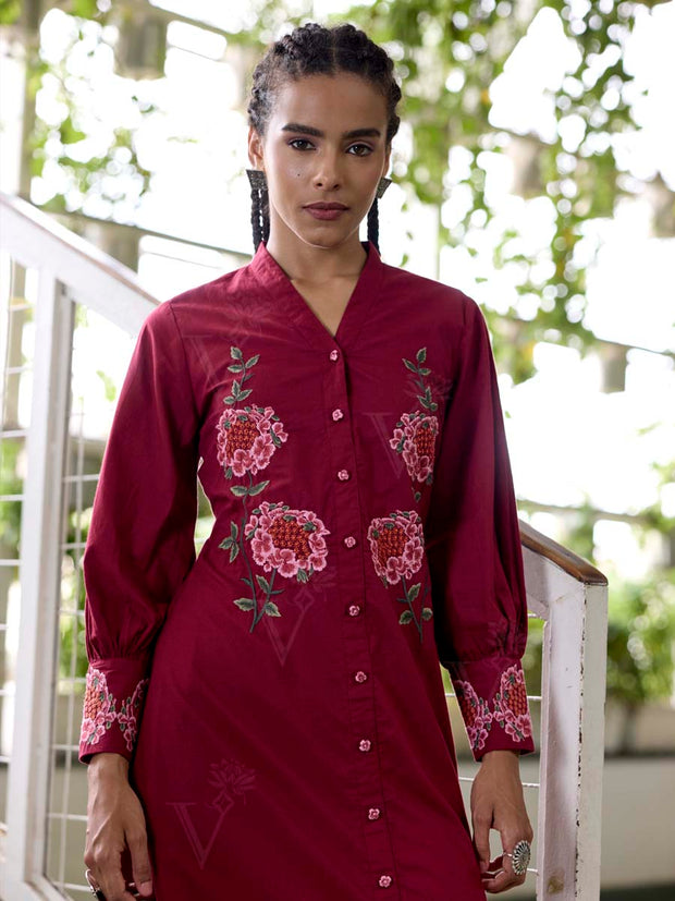 Wine Embroidered Cotton Dress