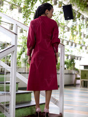 Wine Embroidered Cotton Dress