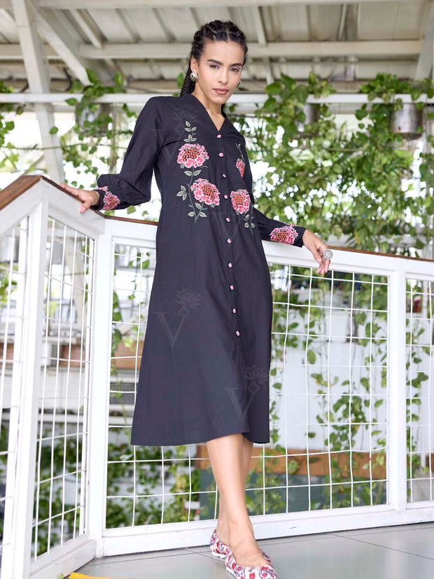Black Embroidered Cotton Dress