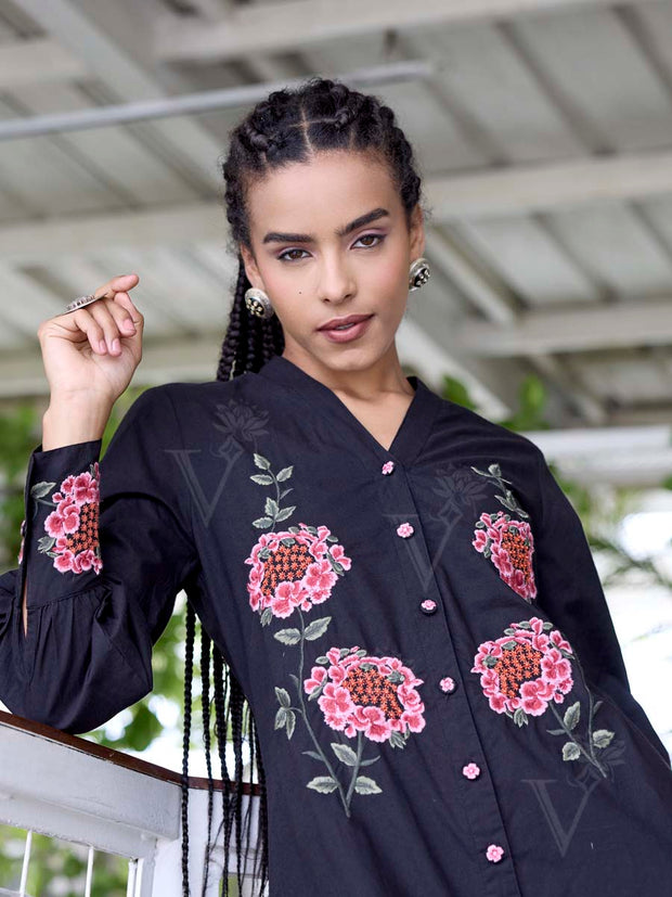 Black Embroidered Cotton Dress