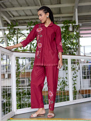 Wine Embroidered Cotton Co-Ord Set