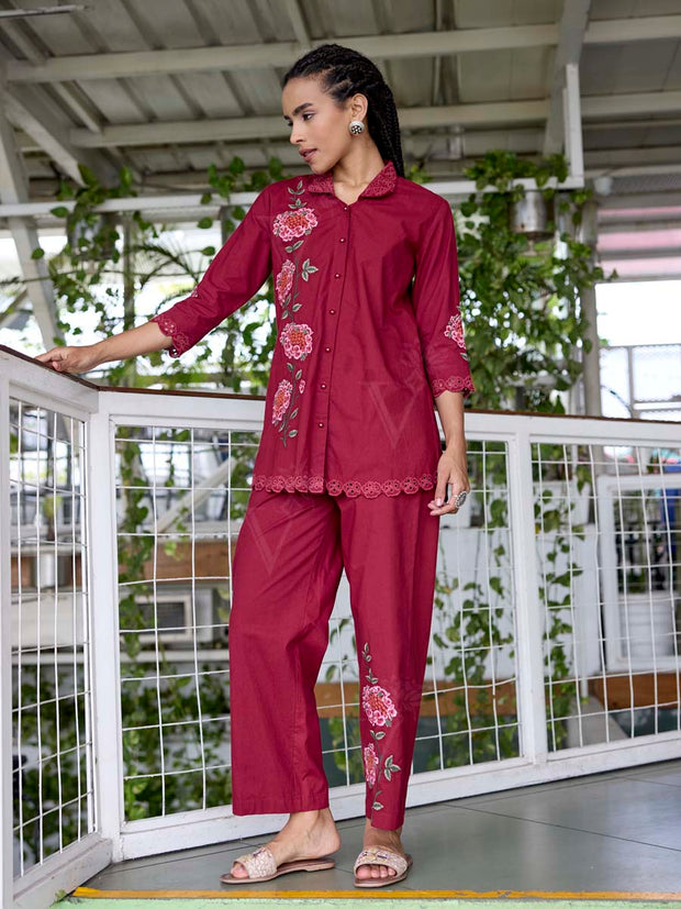 Wine Embroidered Cotton Co-Ord Set