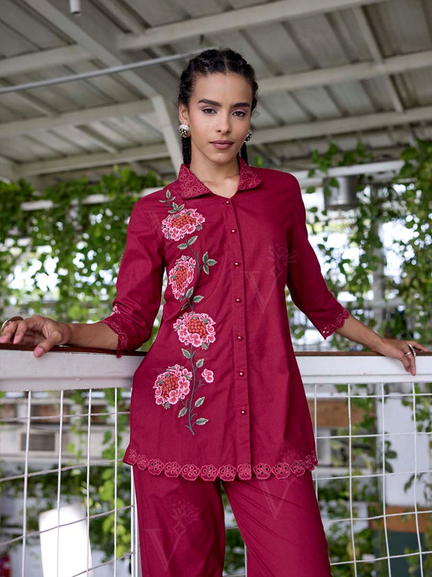 Wine Embroidered Cotton Co-Ord Set