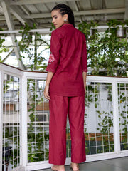 Wine Embroidered Cotton Co-Ord Set