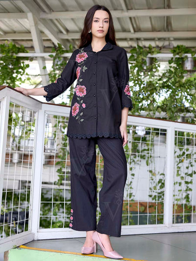 Black Embroidered Cotton Co-Ord Set