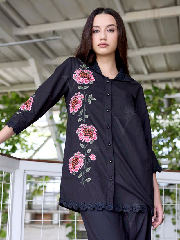 Black Embroidered Cotton Co-Ord Set
