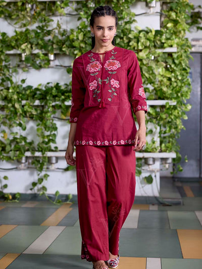 Wine Embroidered Cotton Co-Ord Set