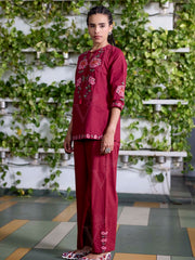 Wine Embroidered Cotton Co-Ord Set