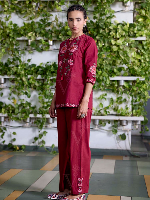 Wine Embroidered Cotton Co-Ord Set