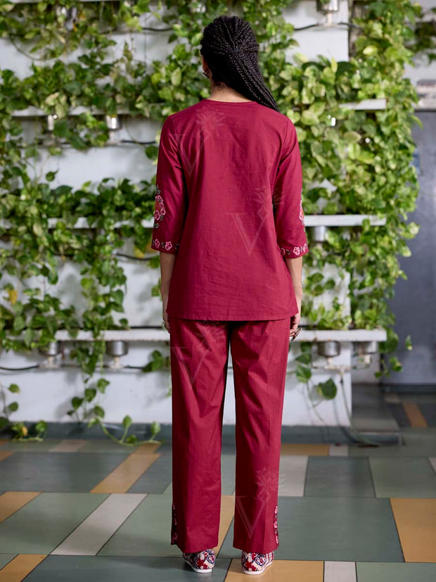 Wine Embroidered Cotton Co-Ord Set
