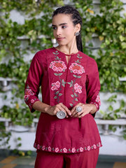 Wine Embroidered Cotton Co-Ord Set