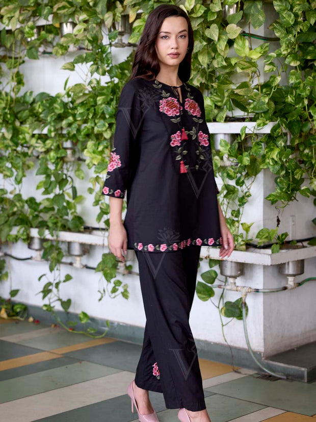 Black Embroidered Cotton Co-Ord Set
