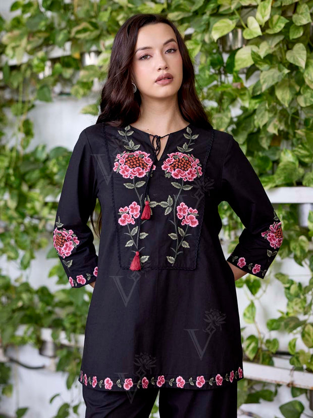 Black Embroidered Cotton Co-Ord Set