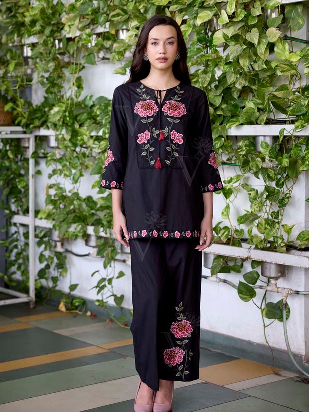 Black Embroidered Cotton Co-Ord Set