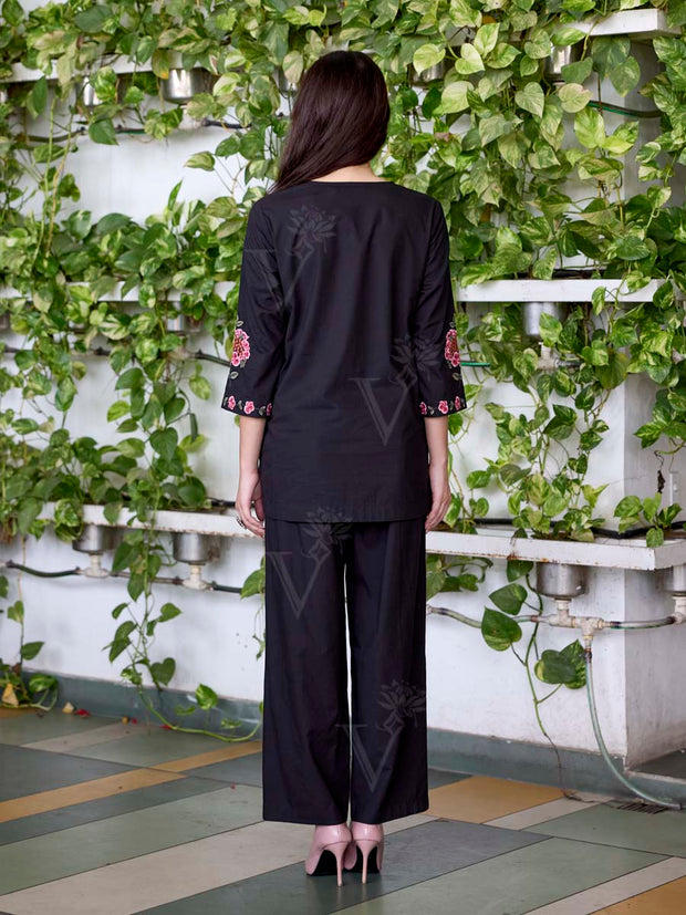 Black Embroidered Cotton Co-Ord Set
