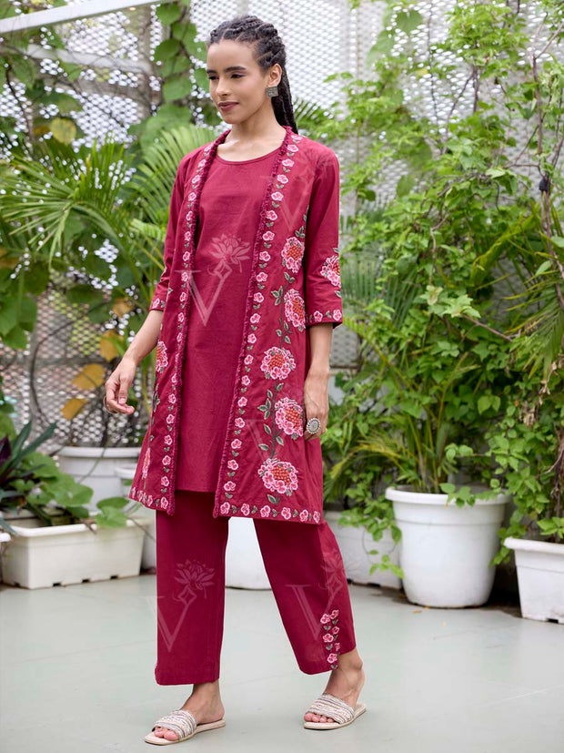Wine Embroidered Cotton Co-Ord Set