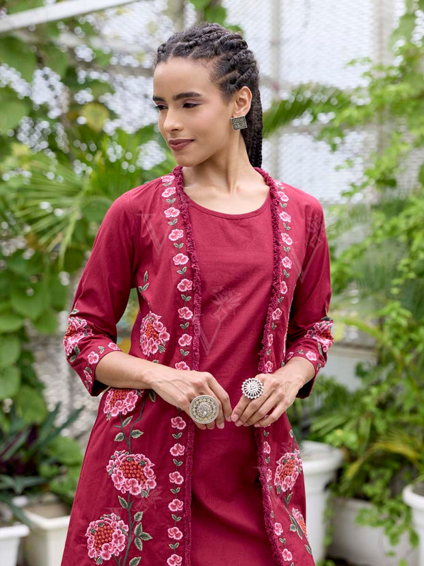 Wine Embroidered Cotton Co-Ord Set
