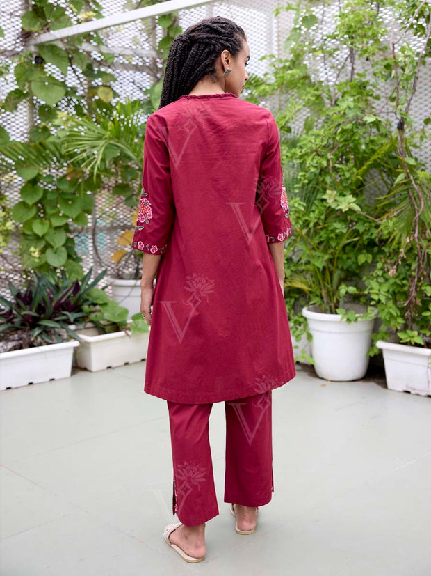 Wine Embroidered Cotton Co-Ord Set