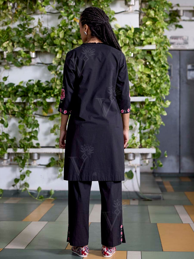 Black Embroidered Cotton Co-Ord Set