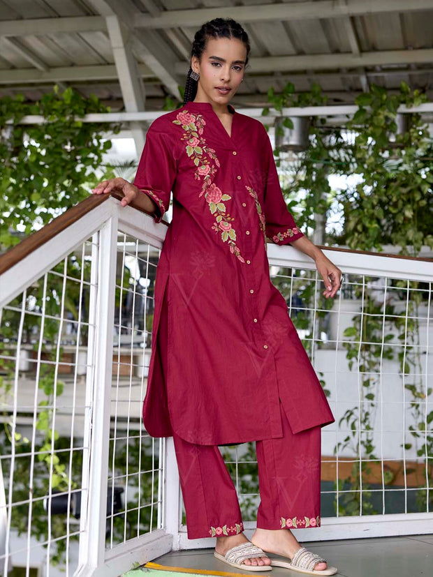WineEmbroidered Cotton Kurta Set