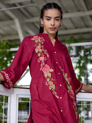 WineEmbroidered Cotton Kurta Set