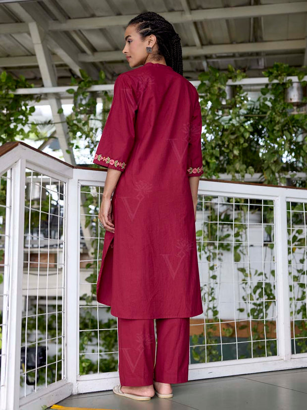 WineEmbroidered Cotton Kurta Set